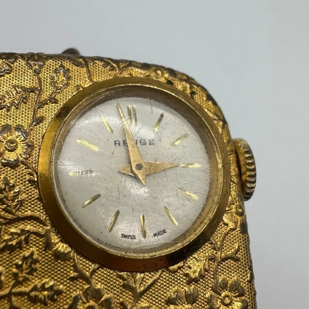Vintage Reuge Swiss‎ Musical Pocket Watch Keychain Gold Tone Floral Embossed Fob